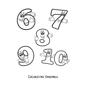 Image à colorier des chiffres de 6 à 10 animés pour les enfants