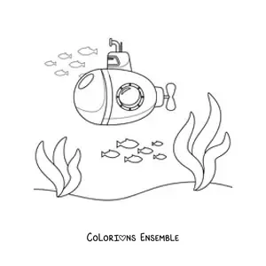 Image à colorier d'un sous-marin animé au fond de la mer