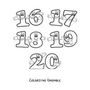 Image à colorier des chiffres de 16 à 20 animés pour les enfants