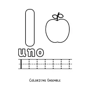 Image à colorier du chiffre 1 avec des objets pour apprendre à compter et à tracer