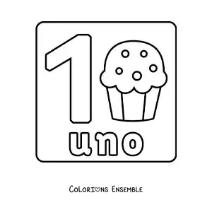 Image à colorier du chiffre 1 avec des objets pour apprendre à compter
