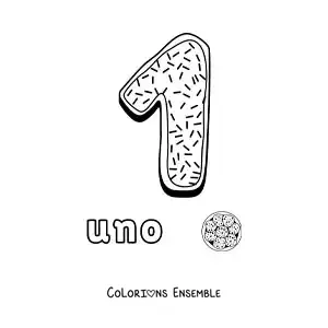 Image à colorier du chiffre 1 animé en forme de biscuit avec des objets à compter