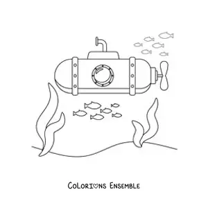 Image à colorier d'un sous-marin allongé et animé au fond de la mer