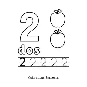 Image à colorier du chiffre 2 avec des objets pour apprendre à compter et à tracer