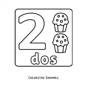 Image à colorier du chiffre 2 avec des objets pour apprendre à compter