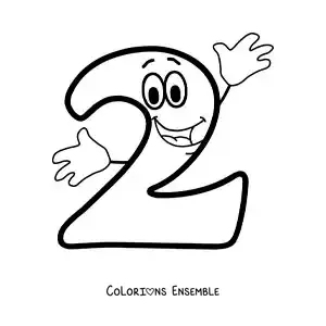 Image à colorier du chiffre 2 animé en train de danser pour les enfants