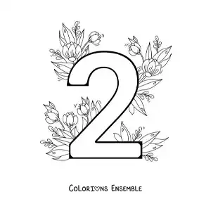 Image à colorier du chiffre 2 décoré de fleurs