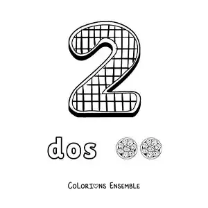 Image à colorier du chiffre 2 animé en forme de biscuit avec des objets à compter