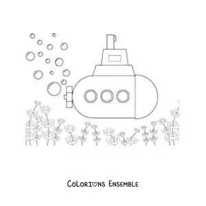 Image à colorier d'un sous-marin au fond de la mer, avec des bulles et des poissons