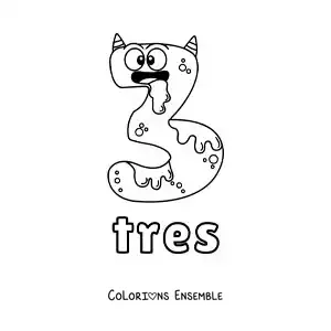 Image à colorier du chiffre 3 en forme de monstre animé d'Halloween