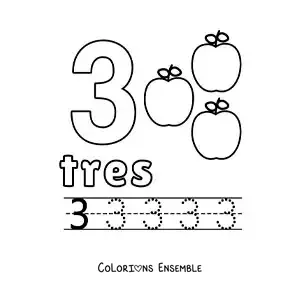 Image à colorier du chiffre 3 avec des objets pour apprendre à compter et à tracer