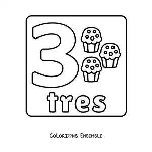 Image à colorier du chiffre 3 avec des objets pour apprendre à compter