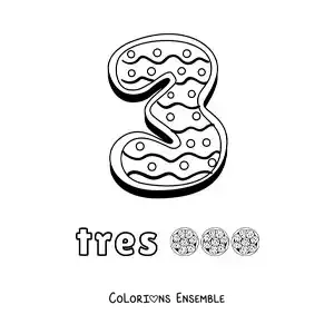 Image à colorier du chiffre 3 animé en forme de biscuit avec des objets à compter
