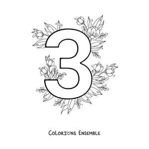 Image à colorier du chiffre 3 décoré de fleurs