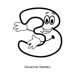 Image à colorier du chiffre 3 animé en train de danser pour les enfants