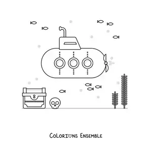 Image à colorier d'un sous-marin au fond de la mer, à côté d'un trésor