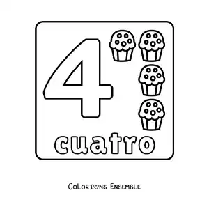 Image à colorier du chiffre 4 avec des objets pour apprendre à compter
