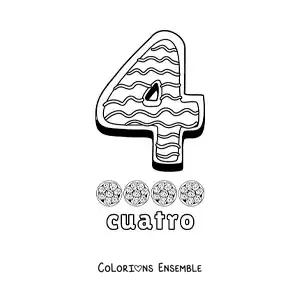 Image à colorier du chiffre 4 animé en forme de biscuit avec des objets à compter
