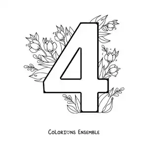 Image à colorier du chiffre 4 décoré de fleurs
