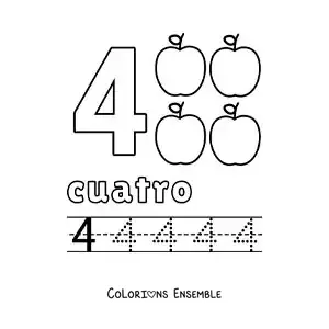 Image à colorier du chiffre 4 avec des objets pour apprendre à compter et à tracer