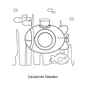 Image à colorier d'un sous-marin parmi les algues au fond de l'océan