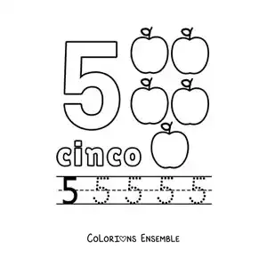 Image à colorier du chiffre 5 avec des objets pour apprendre à compter