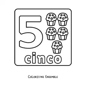 Image à colorier du chiffre 5 avec des objets pour apprendre à compter et à tracer