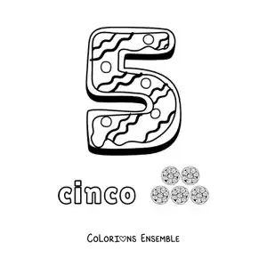 Image à colorier du chiffre 5 animé en forme de biscuit avec des objets à compter