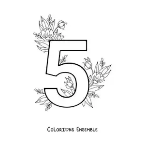 Image à colorier du chiffre 5 décoré de fleurs