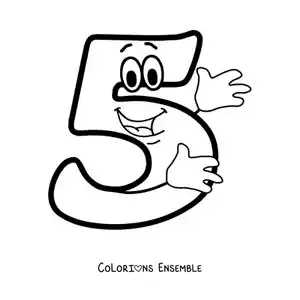 Image à colorier du chiffre 5 animé en train de danser pour les enfants