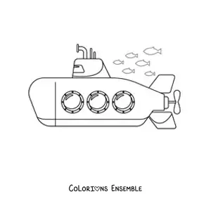 Image à colorier d'un sous-marin à trois hublots entouré de poissons
