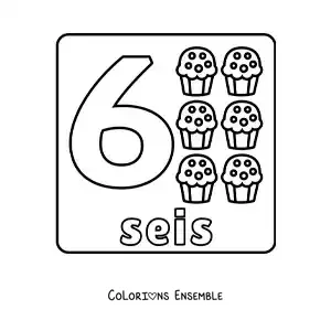 Image à colorier du chiffre 6 avec des objets pour apprendre à compter