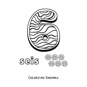 Image à colorier du chiffre 6 animé en forme de biscuit avec des objets à compter