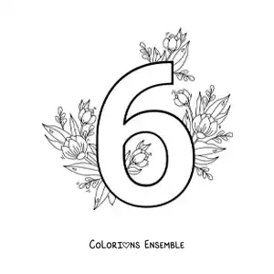 Image à colorier du chiffre 6 décoré de fleurs