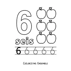 Image à colorier du chiffre 6 avec des objets pour apprendre à compter et à tracer