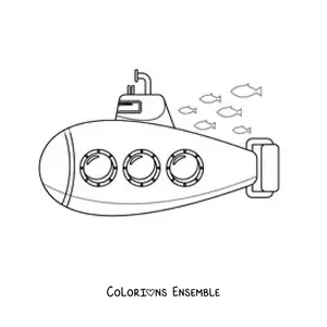 Image à colorier d'un sous-marin à trois hublots à côté d'un banc de poissons
