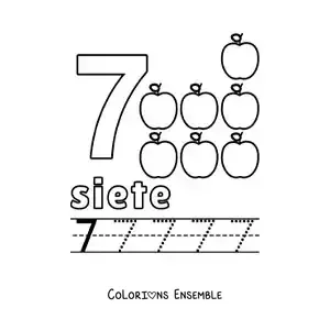Image à colorier du chiffre 7 avec des objets pour apprendre à compter et à tracer