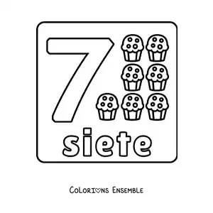 Image à colorier du chiffre 7 avec des objets pour apprendre à compter