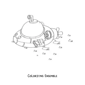 Image à colorier d'un sous-marin rond entouré de plusieurs poissons