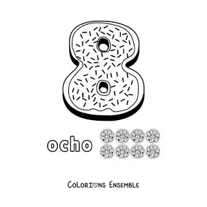Image à colorier du chiffre 8 animé en forme de biscuit avec des objets à compter