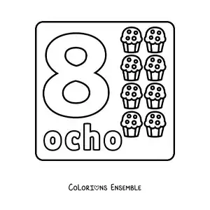 Image à colorier du chiffre 8 avec des objets pour apprendre à compter