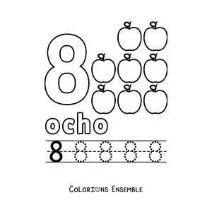 Image à colorier du chiffre 8 avec des objets pour apprendre à compter et à tracer