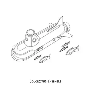 Image à colorier d'un sous-marin allongé entouré de plusieurs poissons
