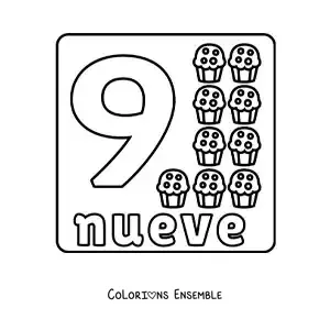 Image à colorier du chiffre 9 avec des objets pour apprendre à compter