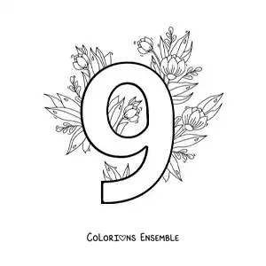 Image à colorier du chiffre 9 décoré de fleurs