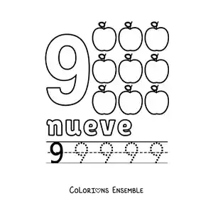 Image à colorier du chiffre 9 avec des objets pour apprendre à compter et à tracer