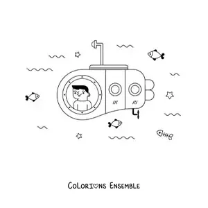 Image à colorier d'un enfant à l'intérieur d'un sous-marin