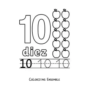 Image à colorier du chiffre 10 avec des objets pour apprendre à compter et à tracer