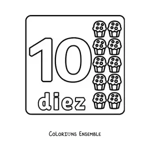 Image à colorier du chiffre 10 avec des objets pour apprendre à compter