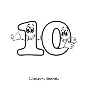 Image à colorier du chiffre 10 animé qui danse pour les enfants